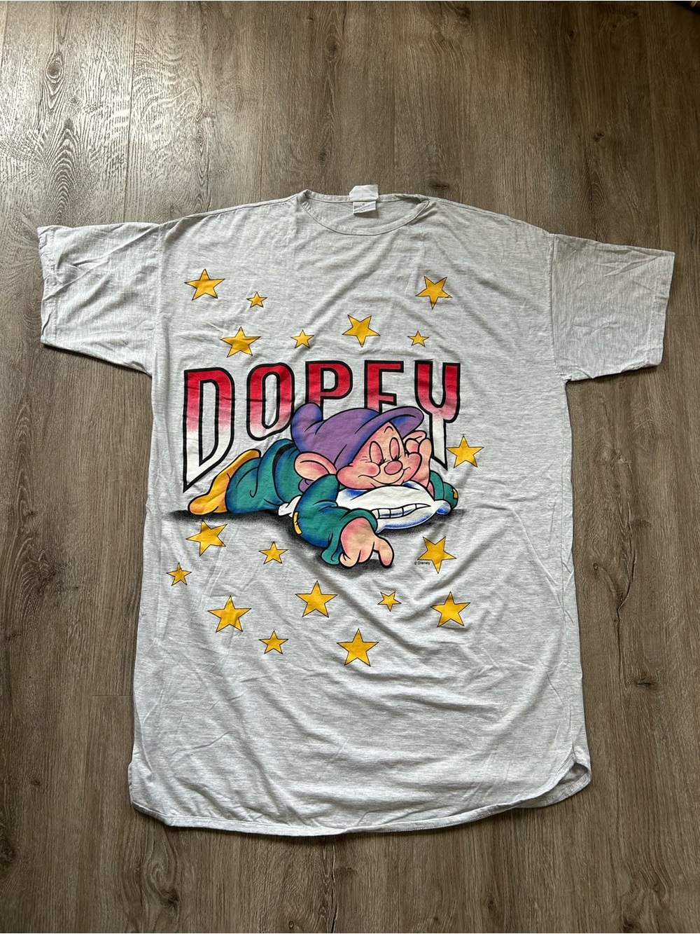 Vtg Disney Dopey Gray T-Shirt Nightshirt with Colourful Character Print